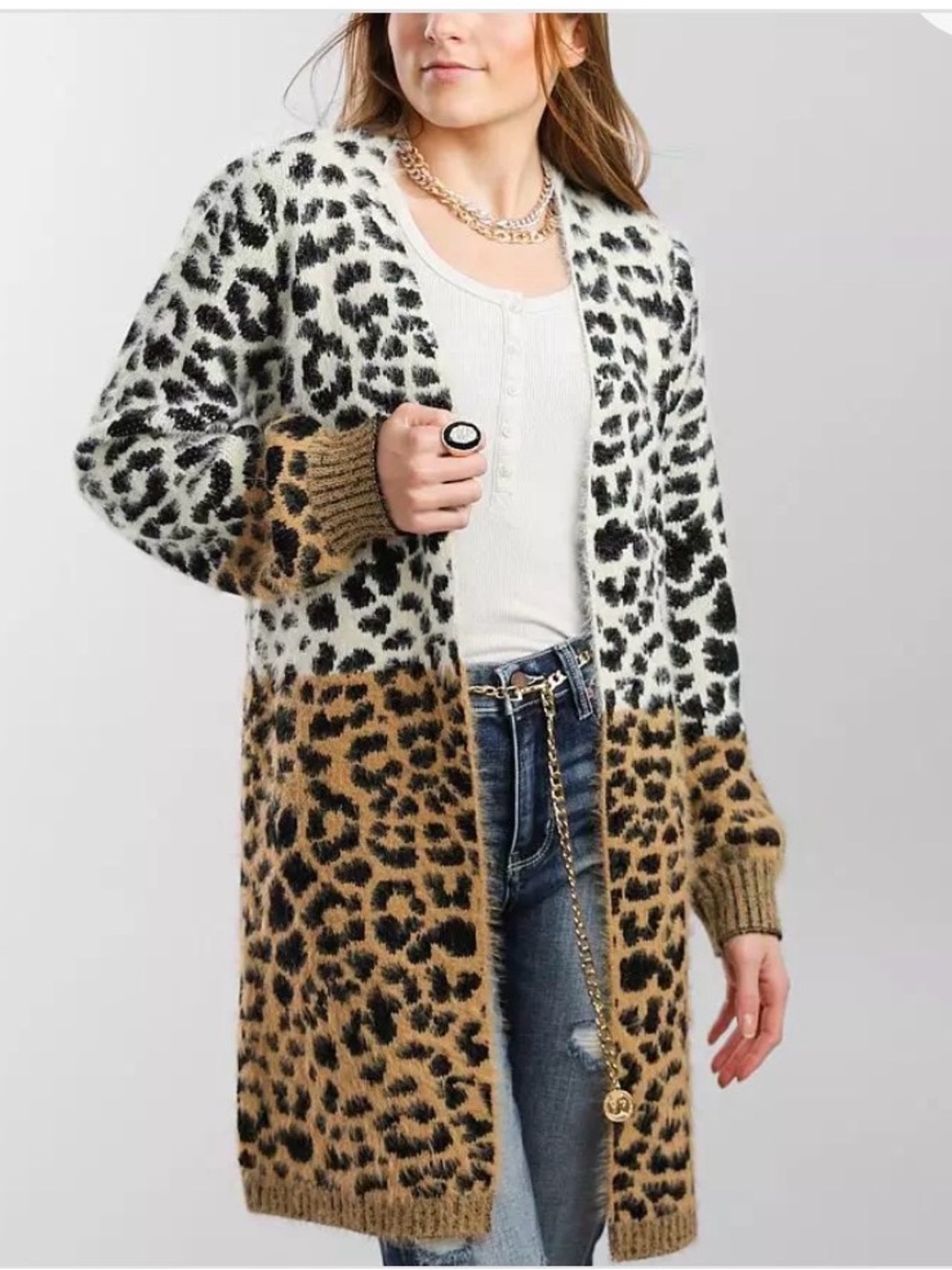 Buckle Black Eyelash Knit Cardigan Sweater Cheetah Print  Size Large
